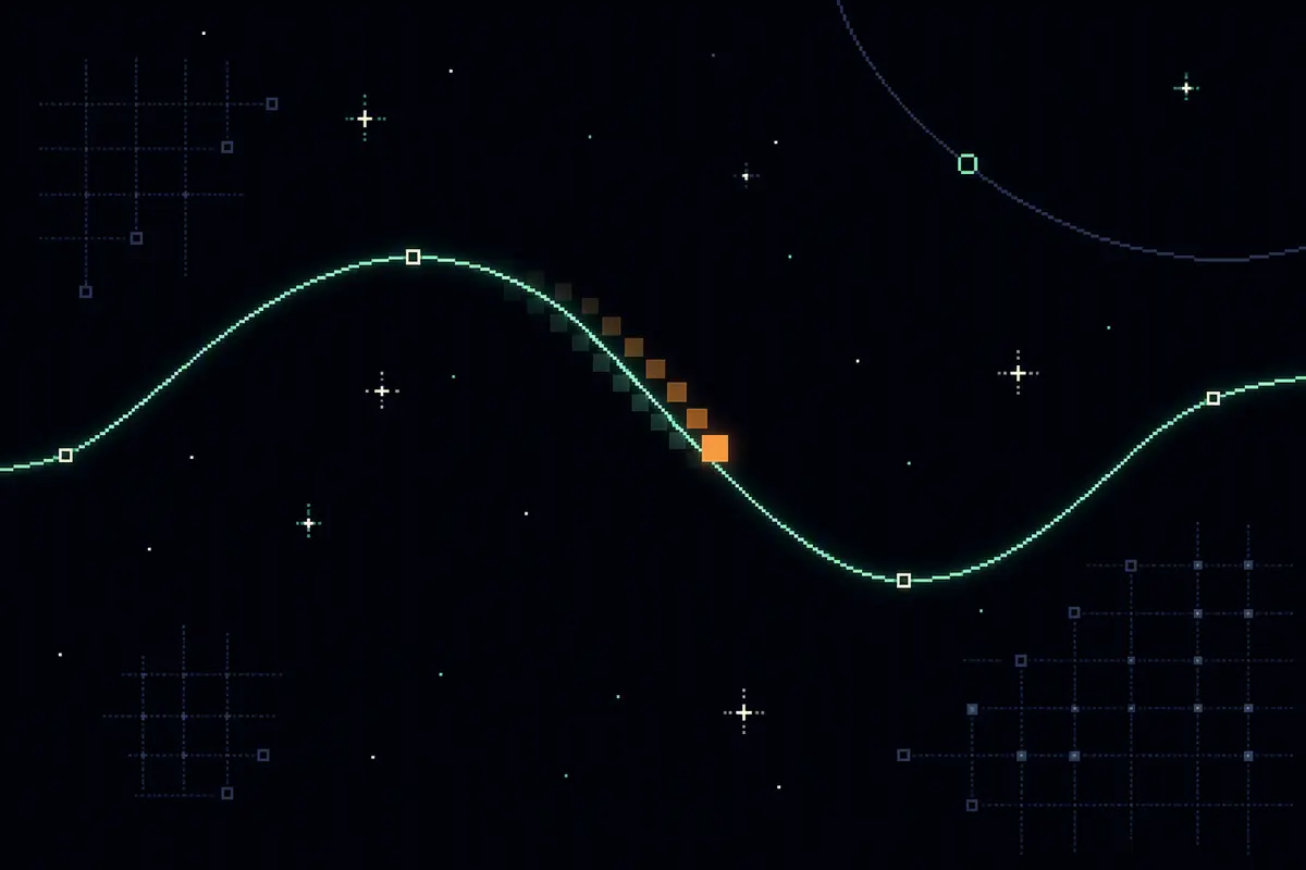 A pixel-art probe leaving onion-skin echoes along a mint motion curve.